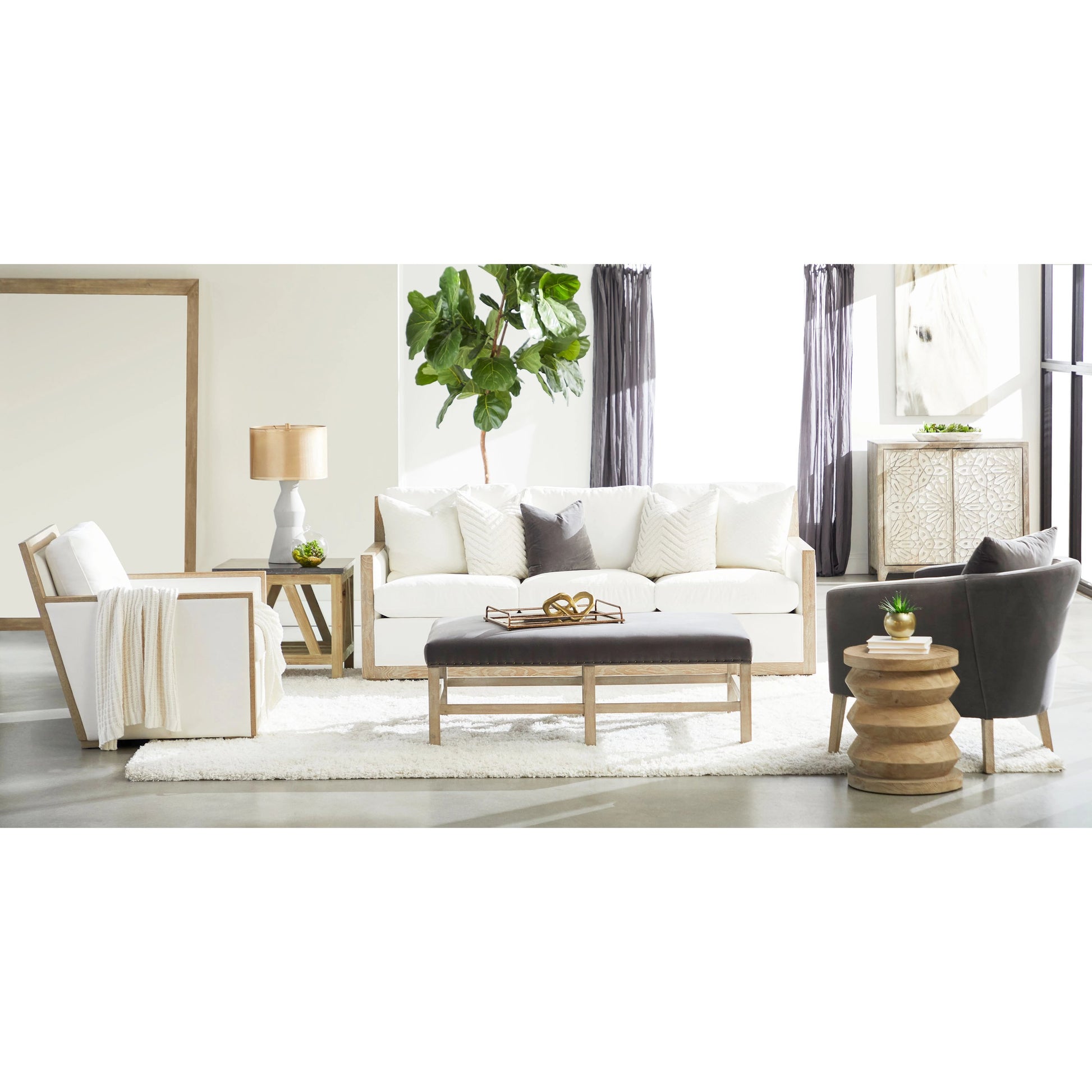 Manhattan Sofa by Essentials For Living in livesmart peyton-pearl, natural gray oak. Made from solid oak wood, mdf, plywood, 98% polyester, 2% nylon fabric, foam, feather in a coastal style.