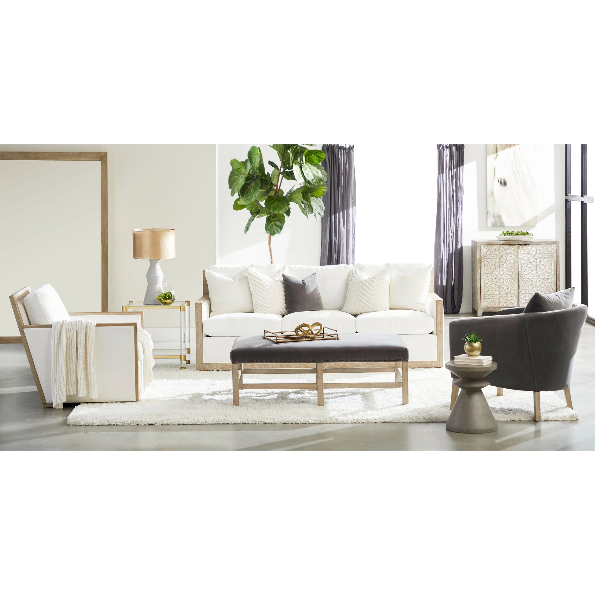 Manhattan Sofa by Essentials For Living in livesmart peyton-pearl, natural gray oak. Made from solid oak wood, mdf, plywood, 98% polyester, 2% nylon fabric, foam, feather in a coastal style.