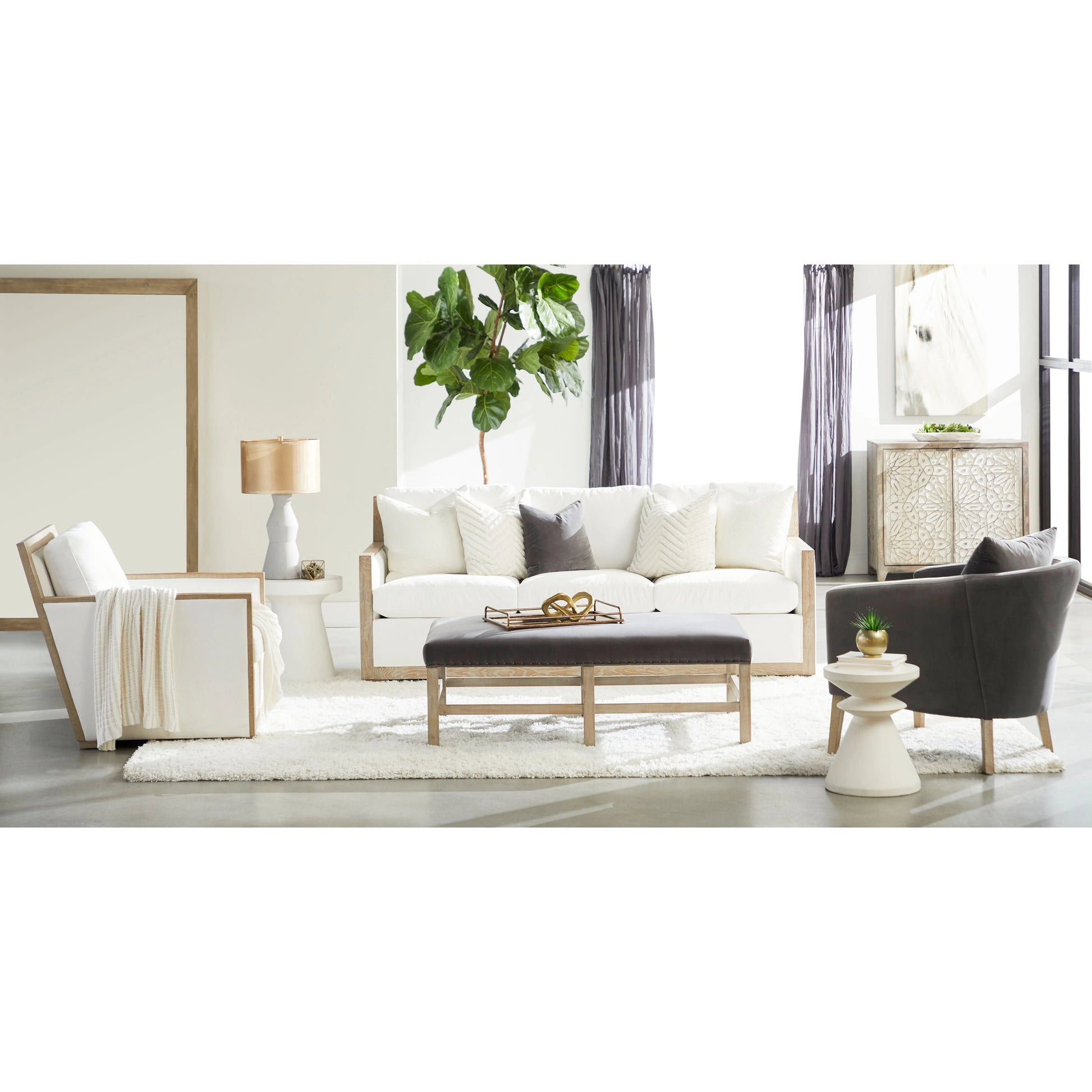 Manhattan Sofa by Essentials For Living in livesmart peyton-pearl, natural gray oak. Made from solid oak wood, mdf, plywood, 98% polyester, 2% nylon fabric, foam, feather in a coastal style.