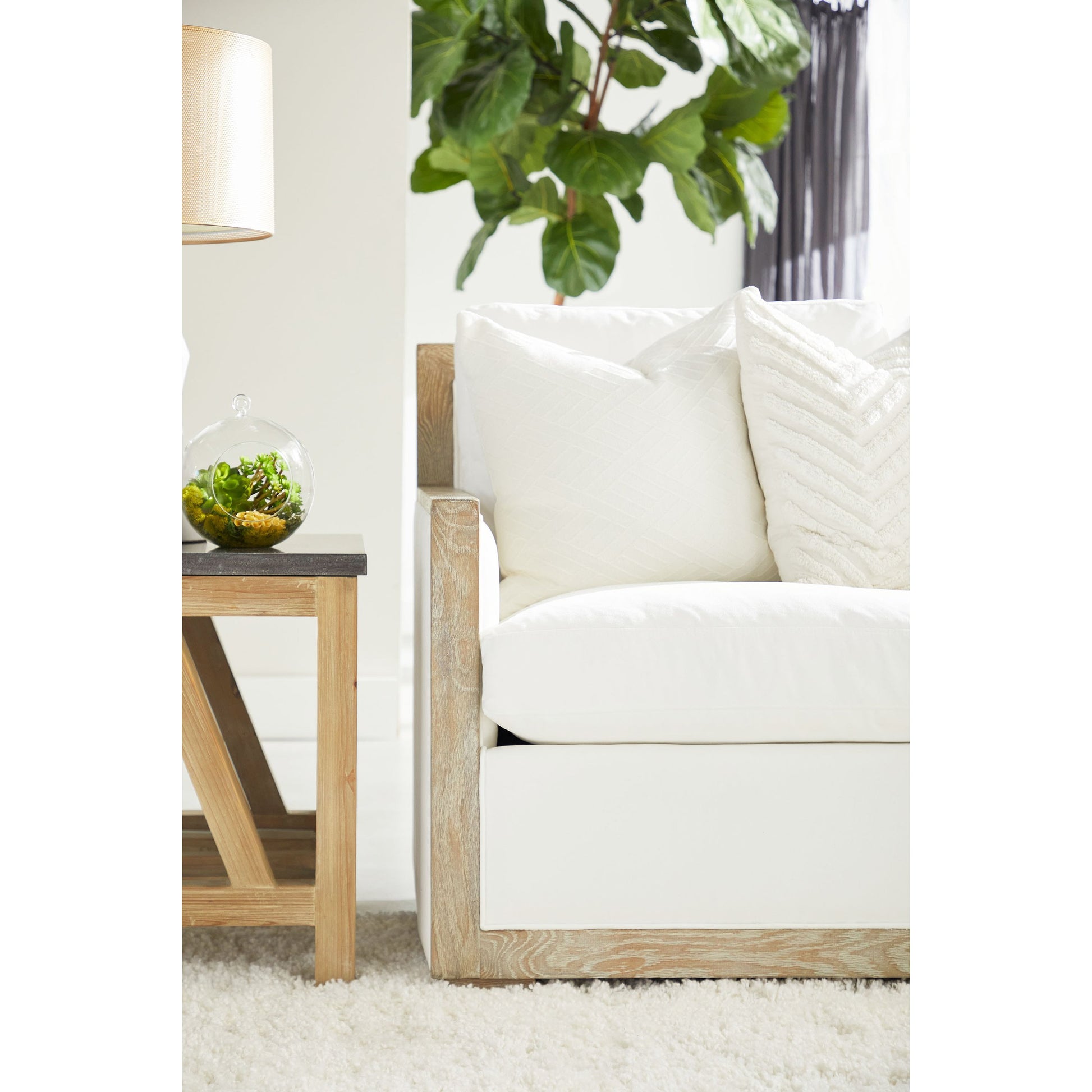 Manhattan Sofa by Essentials For Living in livesmart peyton-pearl, natural gray oak. Made from solid oak wood, mdf, plywood, 98% polyester, 2% nylon fabric, foam, feather in a coastal style.