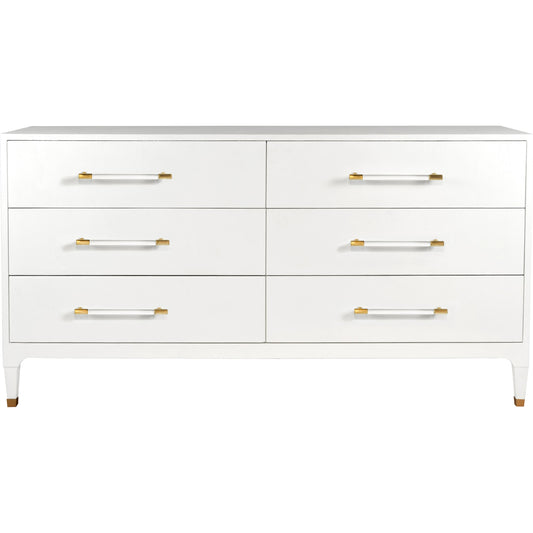 Maren Six Drawer Chest by Worlds Away in lacquered white linen. Made from hardwood solids, mdf, vinyl, metal, acrylic in a modern style.