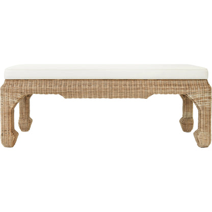 Massey Bench by Worlds Away in ivory and natural rattan. Made from linen, woven rattan in a cottage & farmhouse style.