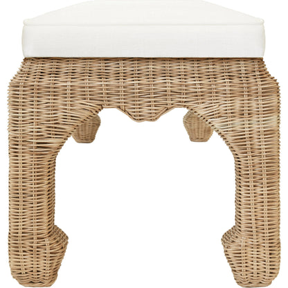 Massey Bench by Worlds Away in ivory and natural rattan. Made from linen, woven rattan in a cottage & farmhouse style.