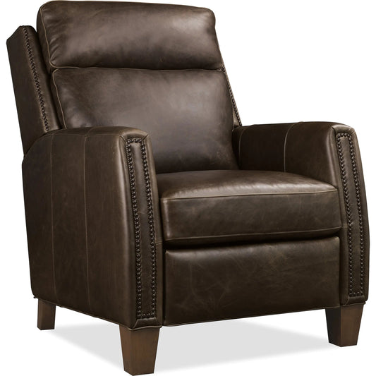 Jacklyn Power Recliner with Pop-Up Headrest by Hooker Furniture in dark wood. Made from leather in a traditional style.