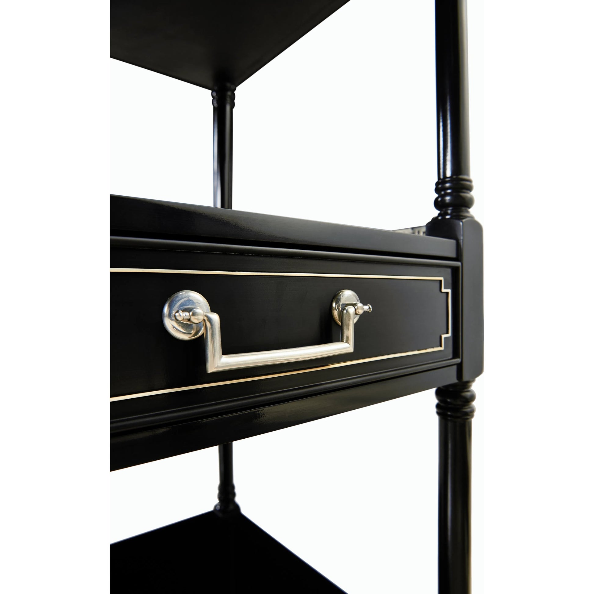 Reimagined Flux Lacquer Etagere by Jonathan Charles in lacquered black. Made from acacia in a modern style.