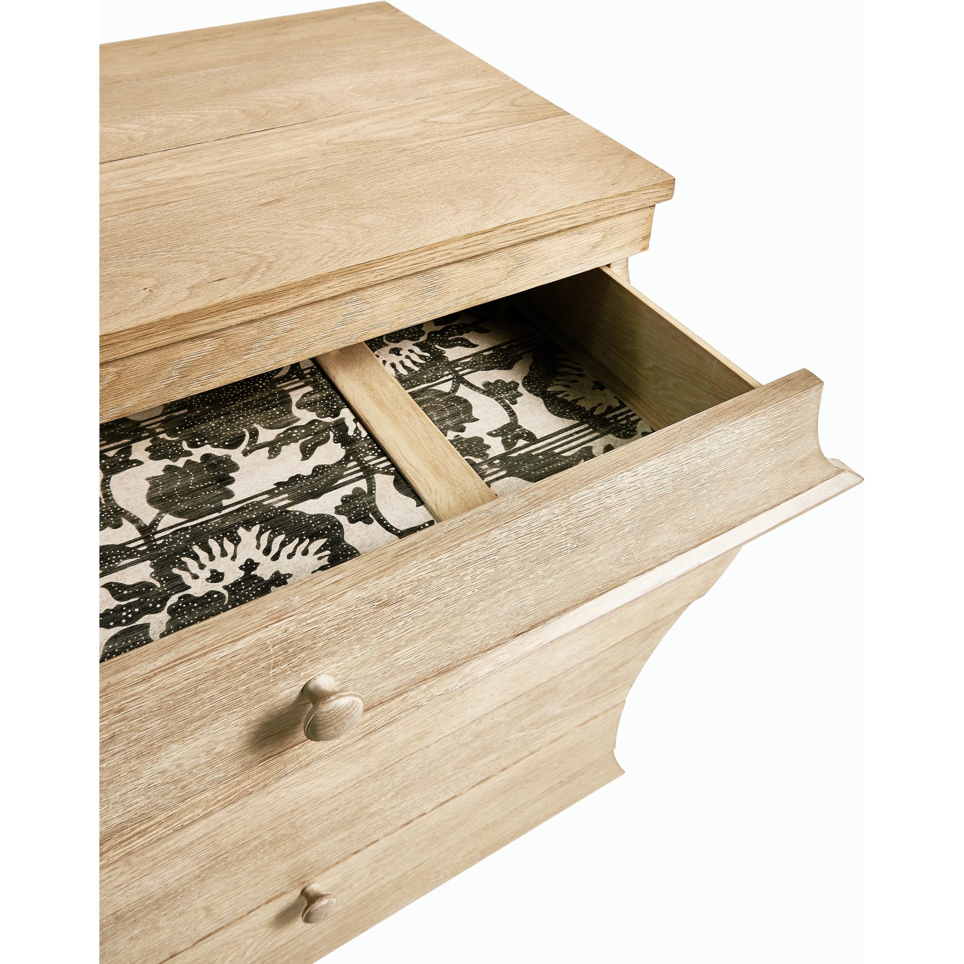 Gatcombe Bombe Chest by Jonathan Charles in light brown and whitewashed acacia. Made from acacia in a modern style.