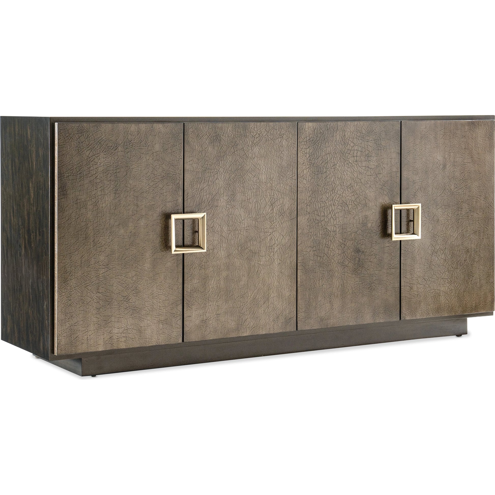 Melange Asher Four Door Entertainment Credenza by Hooker Furniture in dark wood. Made from figured primavera veneers with canvas crackle in a modern style.