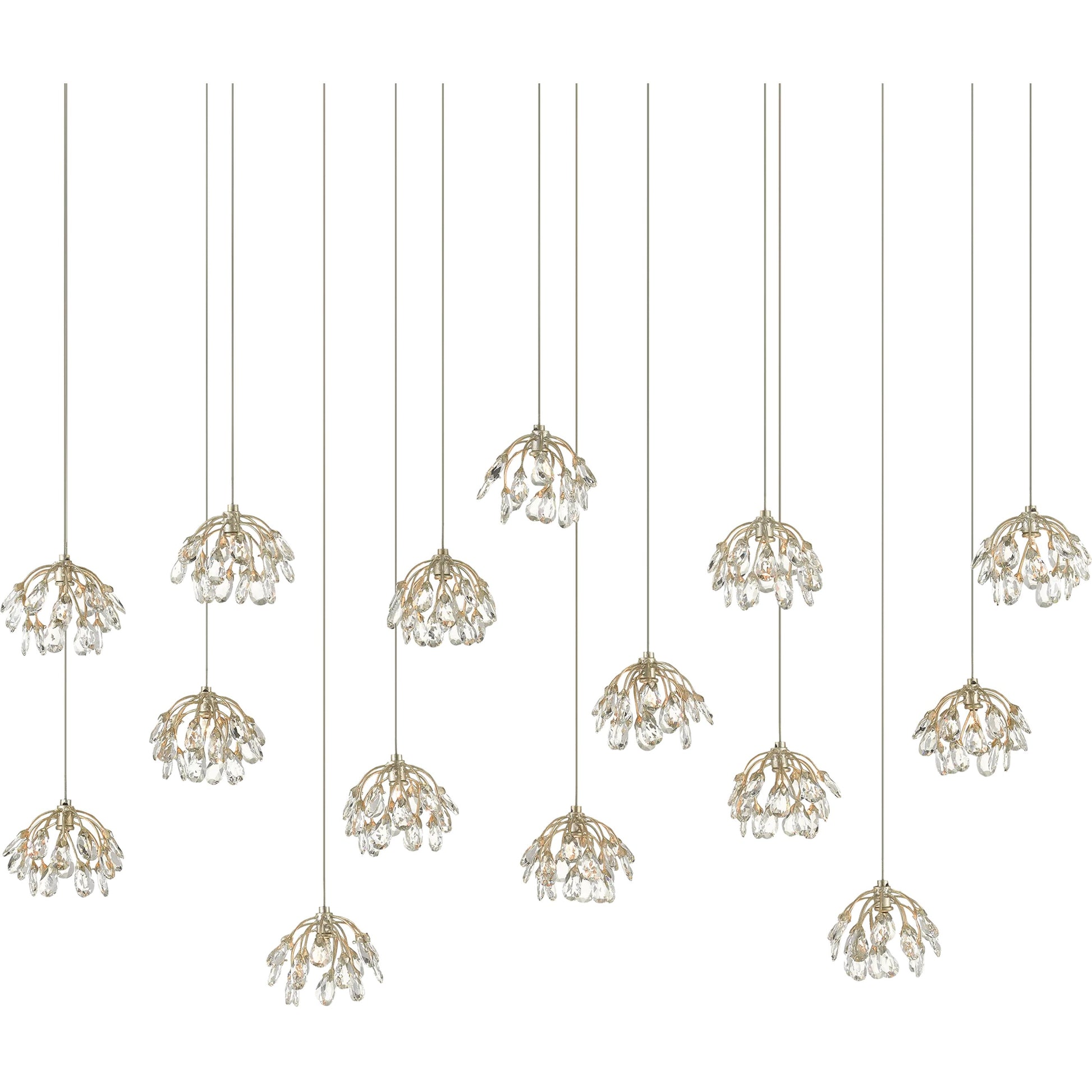 Crystal Bud Linear Pendant by Currey and Company in painted silver, contemporary silver leaf. Made from crystal, wrought iron in a transitional style.