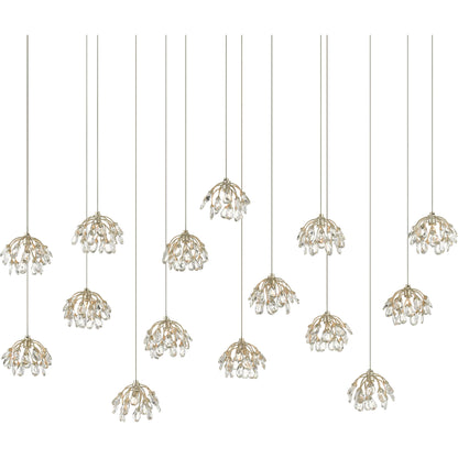 Crystal Bud Linear Pendant by Currey and Company in painted silver, contemporary silver leaf. Made from crystal, wrought iron in a transitional style.
