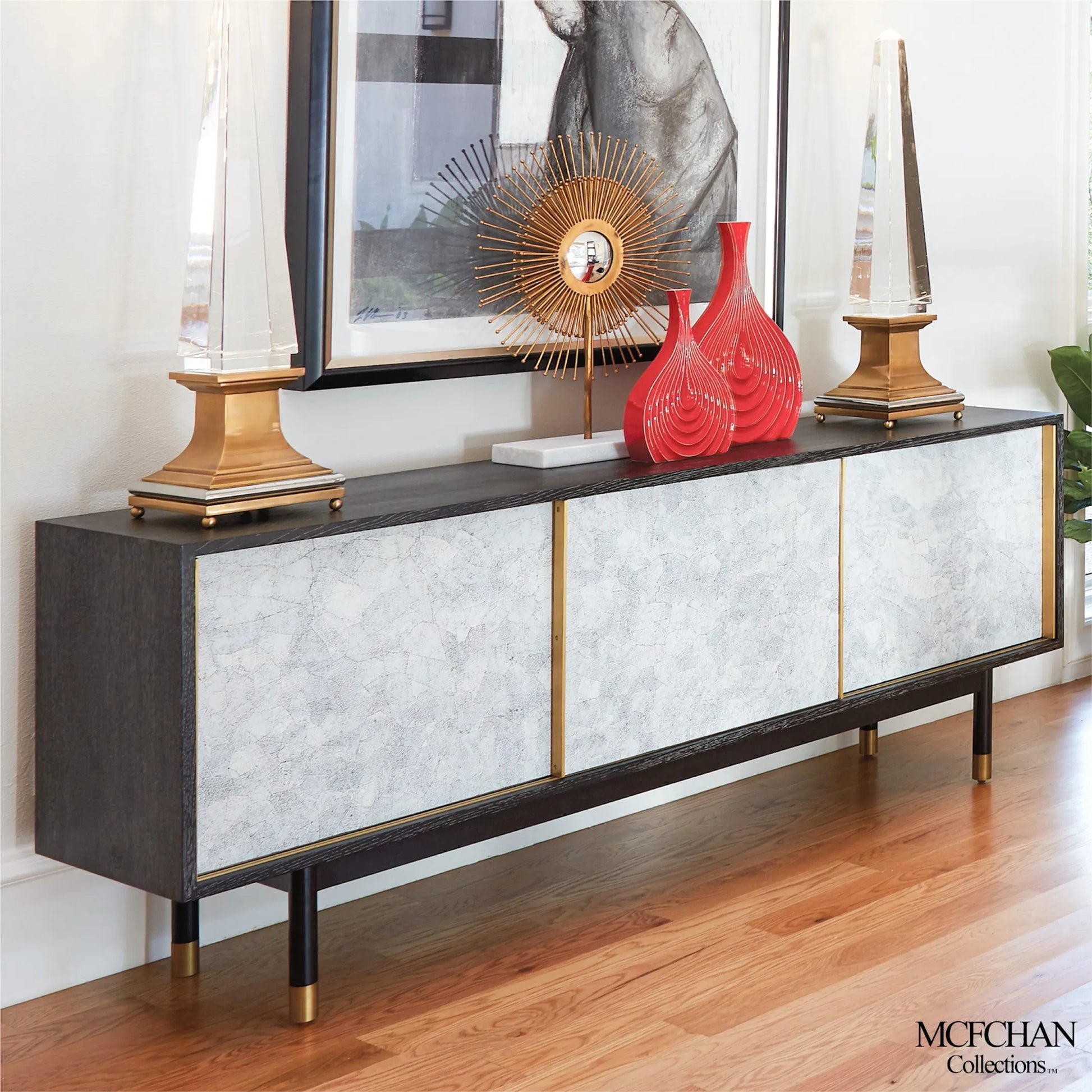 Ostara Media Cabinet by Global Views in acacia, oak. Made from beech, mdf, brass sabots, egg shell in a modern style.