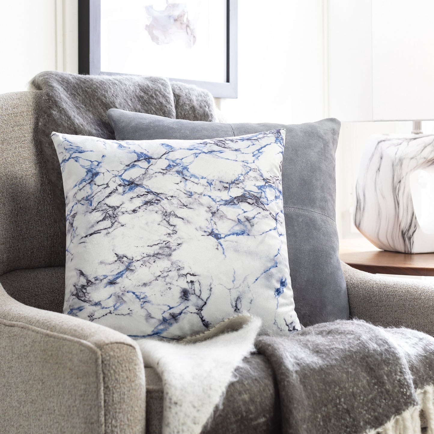 001 SI-1857915,SI-1857916,SR-880639,SR-880640 | Lifestyle | Macall Pillow - 19917 by Surya in light sage, blue, light gray. Made from 100% polyester in a eclectic & global style.