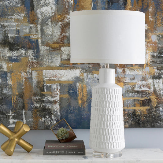 Mcrae - 16456 by Surya in white and glazed. Made from linen, ceramic, crystal, 100% metal in a coastal style.