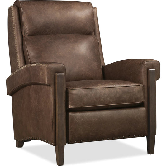 Whitton Power Recliner with Power Headrest by Hooker Furniture in studio chocolate and dark wood. Made from leather in a traditional style.