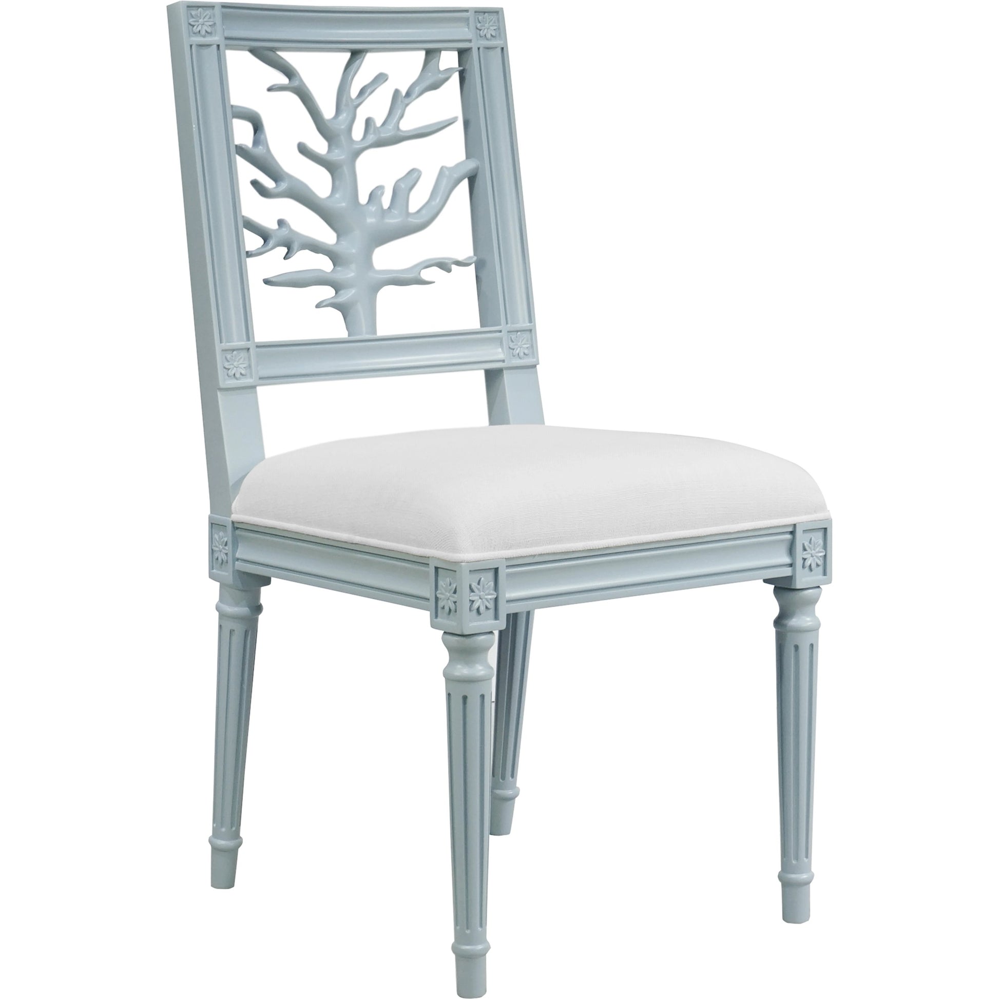 McKay Coral Motif Back Dining Chair by Worlds Away in white and light blue. Made from unique in a coastal style.