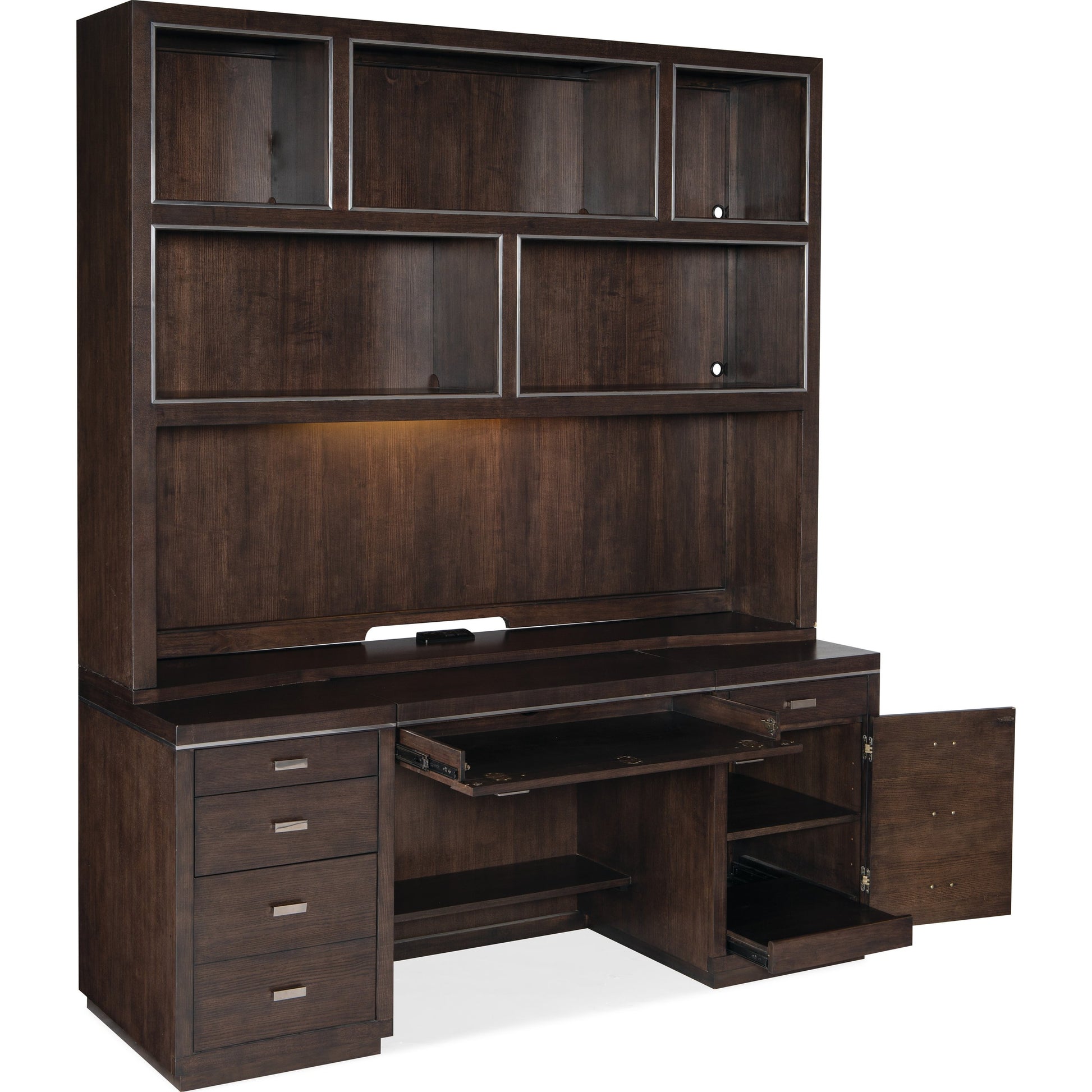 House Blend Computer Credenza by Hooker Furniture in dark roast. Made from quartered ash veneers, metal in a unique style.
