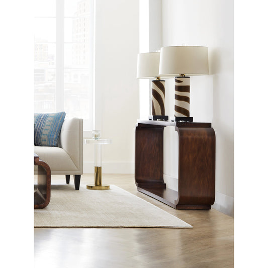 Melange Kingston Console Table by Hooker Furniture in dark swirl mahogany. Made from swirl mahogany veneers in a modern style.