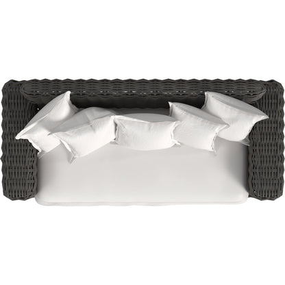 Cabo Outdoor Loveseat by Sunset West in dark wood. Made from resin wicker in a rustic style.