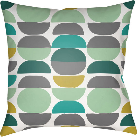 Moderne Indoor/Outdoor Pillow by Livabliss in medium gray, white, mustard, emerald, mint. Made from front: 100% polyester, back: 100% polyester in a modern style.