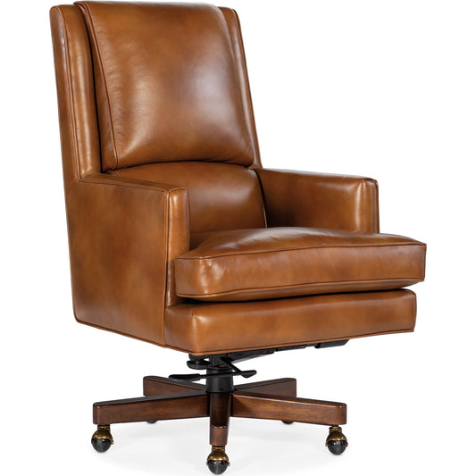 Wright Executive Swivel Tilt Chair by Hooker Furniture in voyage cedar and dark wood, brown. Made from leather, voyage cedar (semi-aniline top grain) in a transitional style.