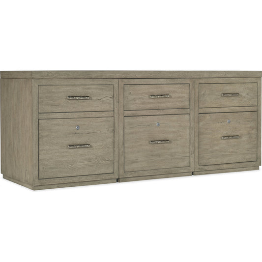 Linville Falls Credenza with 3 Small Files by Hooker Furniture in mink, antique pewter. Made from oak veneers in a modern style.