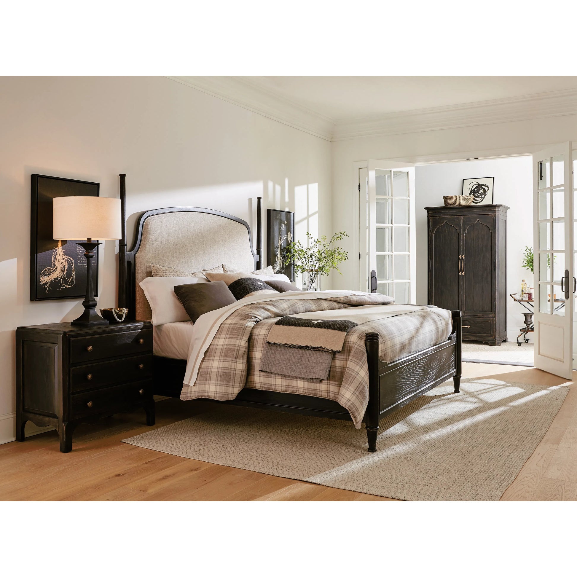 Americana Wardrobe by Hooker Furniture in black and molasses finish. Made from oak veneers in a cottage & farmhouse style.