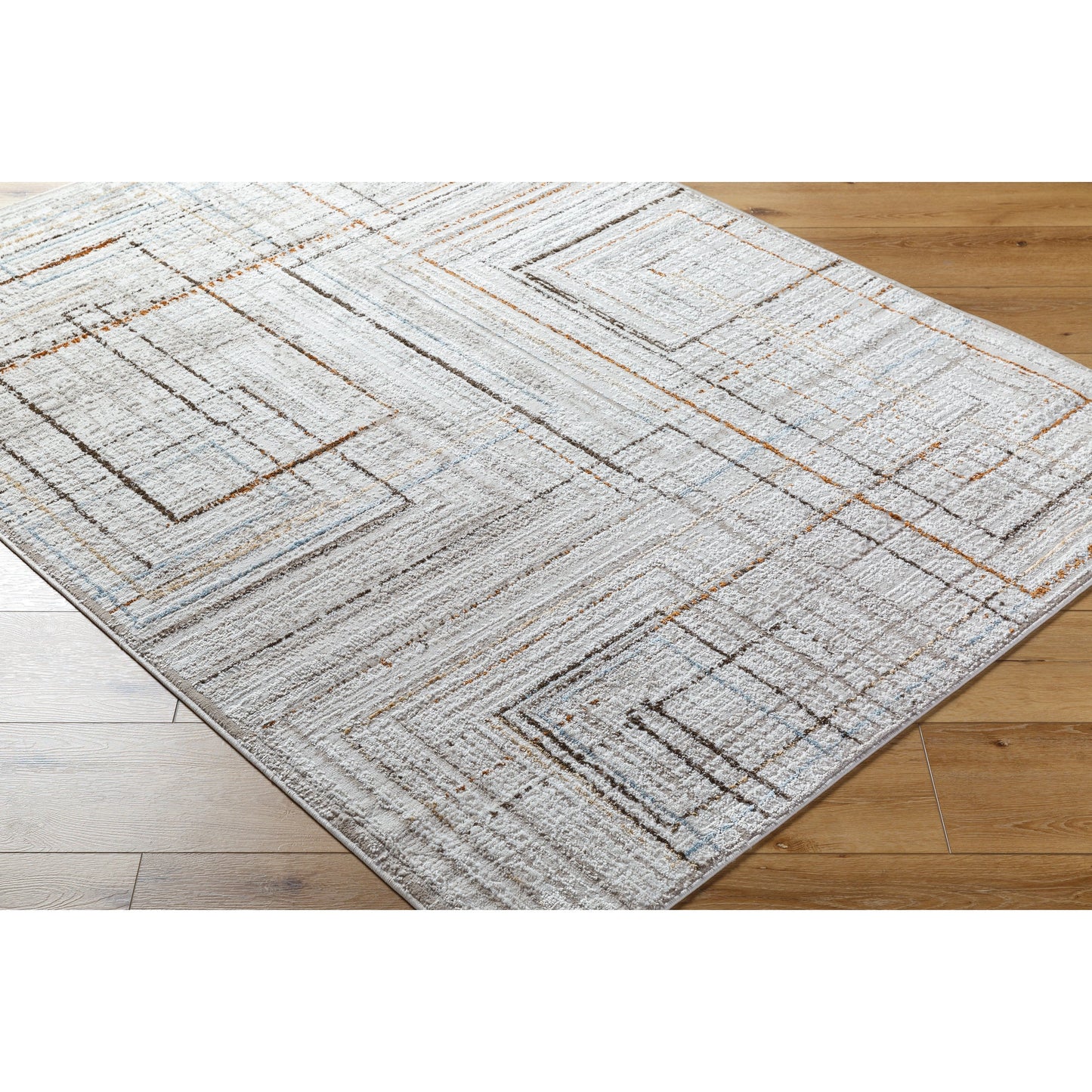 002 SI-2132281 | Closeup | Mood Rug - 500064 by Livabliss in taupe, white, dark brown, medium brown, mustard, denim. Made from face: 70% polypropylene, 30% polyester, warp: 100% polyester in a unique style.