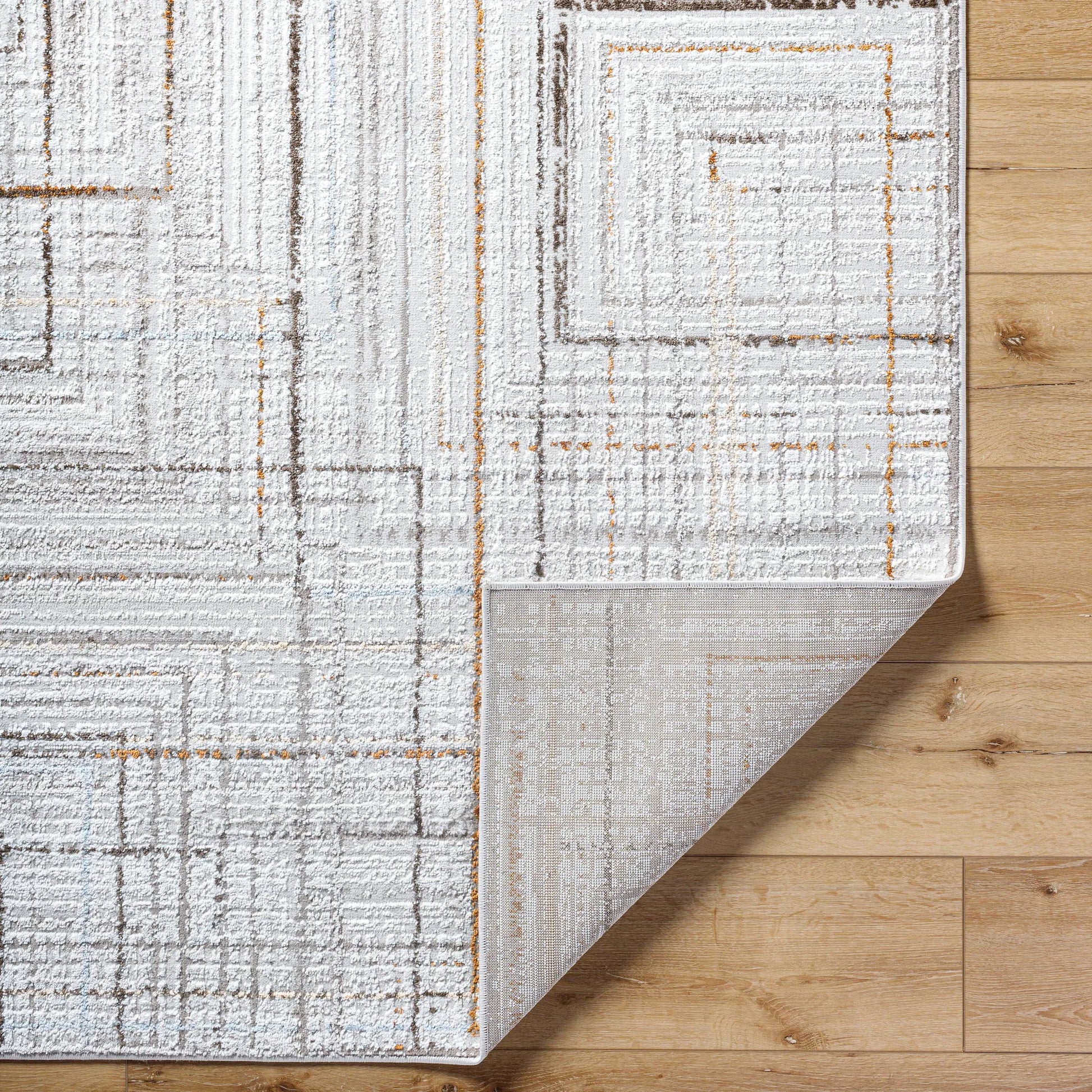 Mood Rug - 500064 by Livabliss in taupe, white, dark brown, medium brown, mustard, denim. Made from face: 70% polypropylene, 30% polyester, warp: 100% polyester in a unique style.