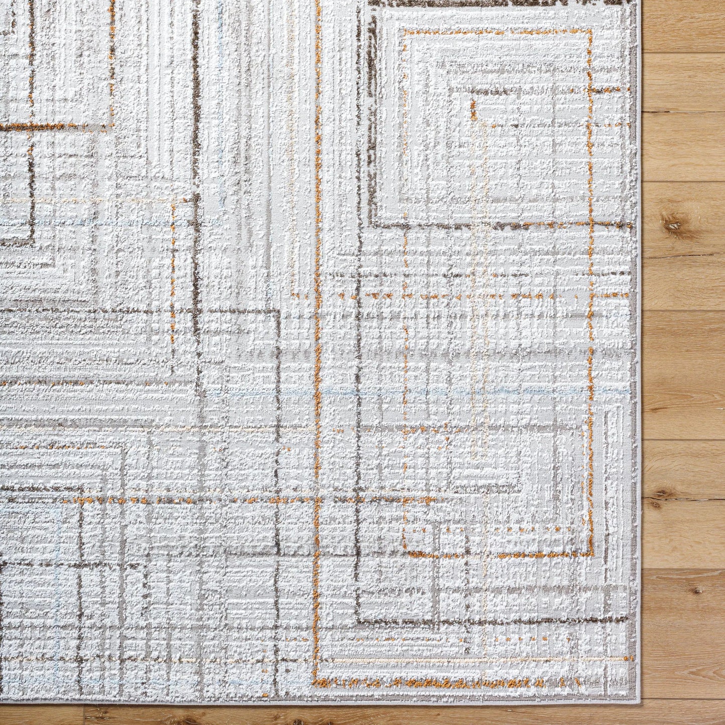 006 SI-2132281 | Closeup | Mood Rug - 500064 by Livabliss in taupe, white, dark brown, medium brown, mustard, denim. Made from face: 70% polypropylene, 30% polyester, warp: 100% polyester in a unique style.