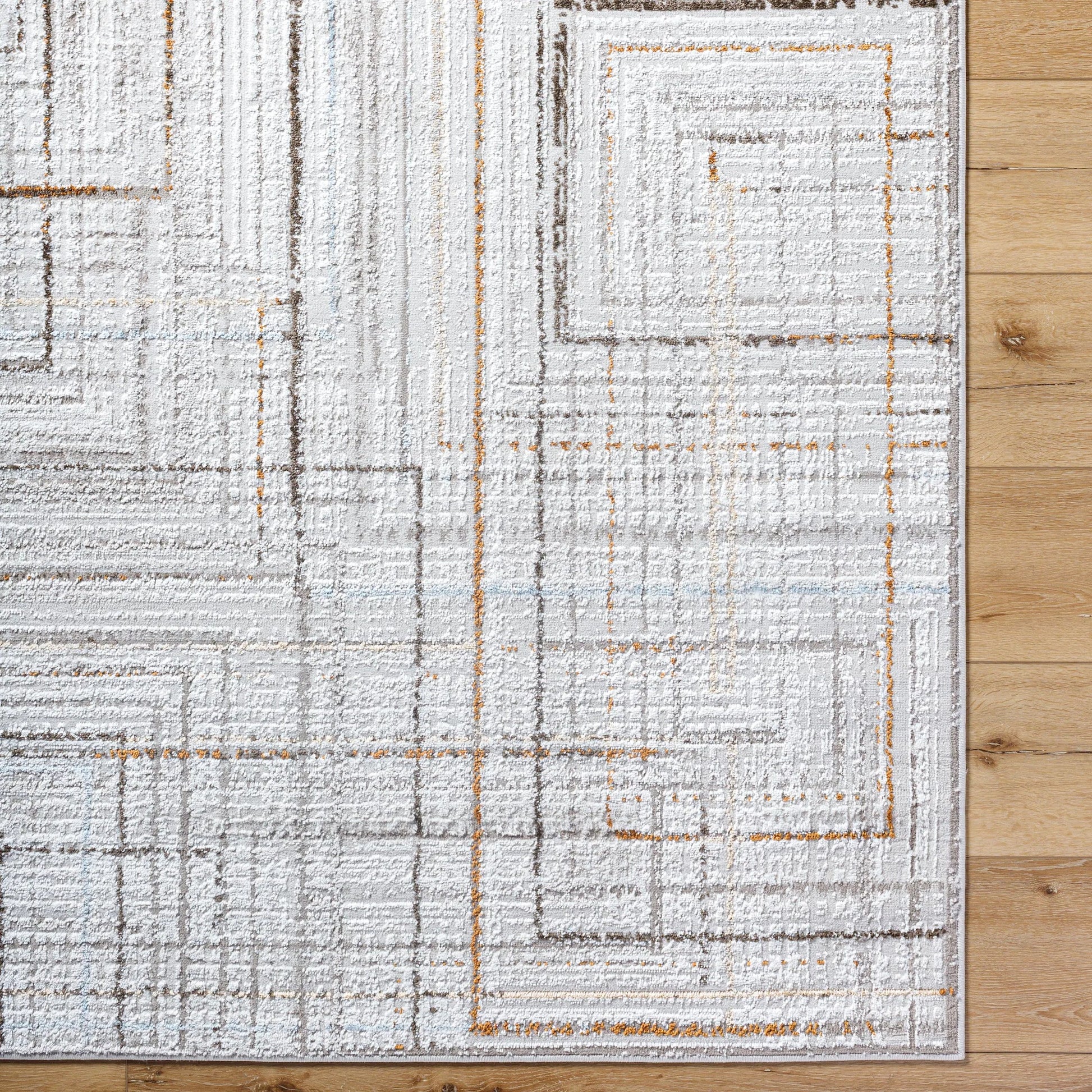 Mood Rug - 500064 by Livabliss in taupe, white, dark brown, medium brown, mustard, denim. Made from face: 70% polypropylene, 30% polyester, warp: 100% polyester in a unique style.