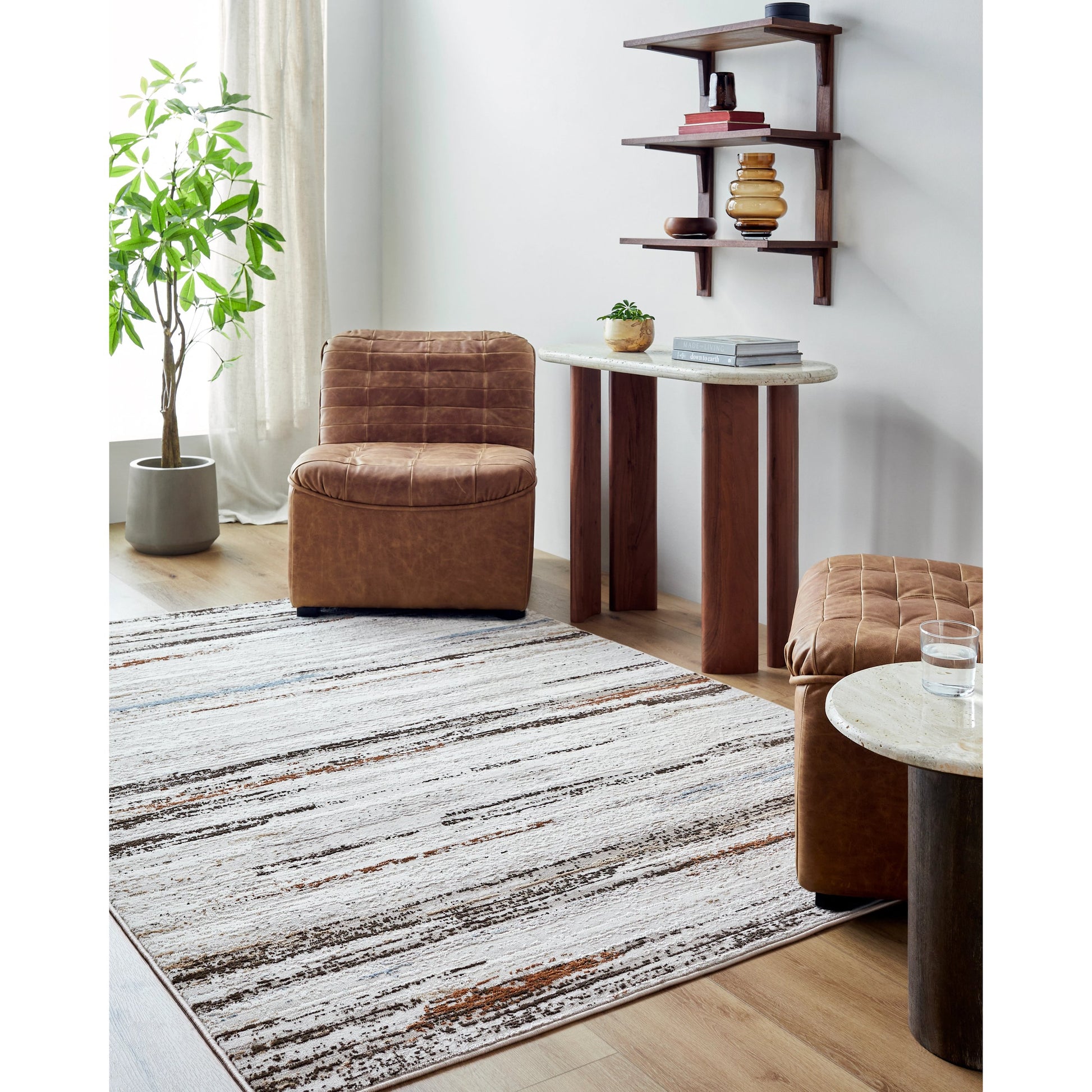 Mood Rug - 524948 by Livabliss in taupe, white, charcoal, light gray, mustard, light brown. Made from face: 70% polypropylene, 30% polyester, warp: 100% cotton in a unique style.