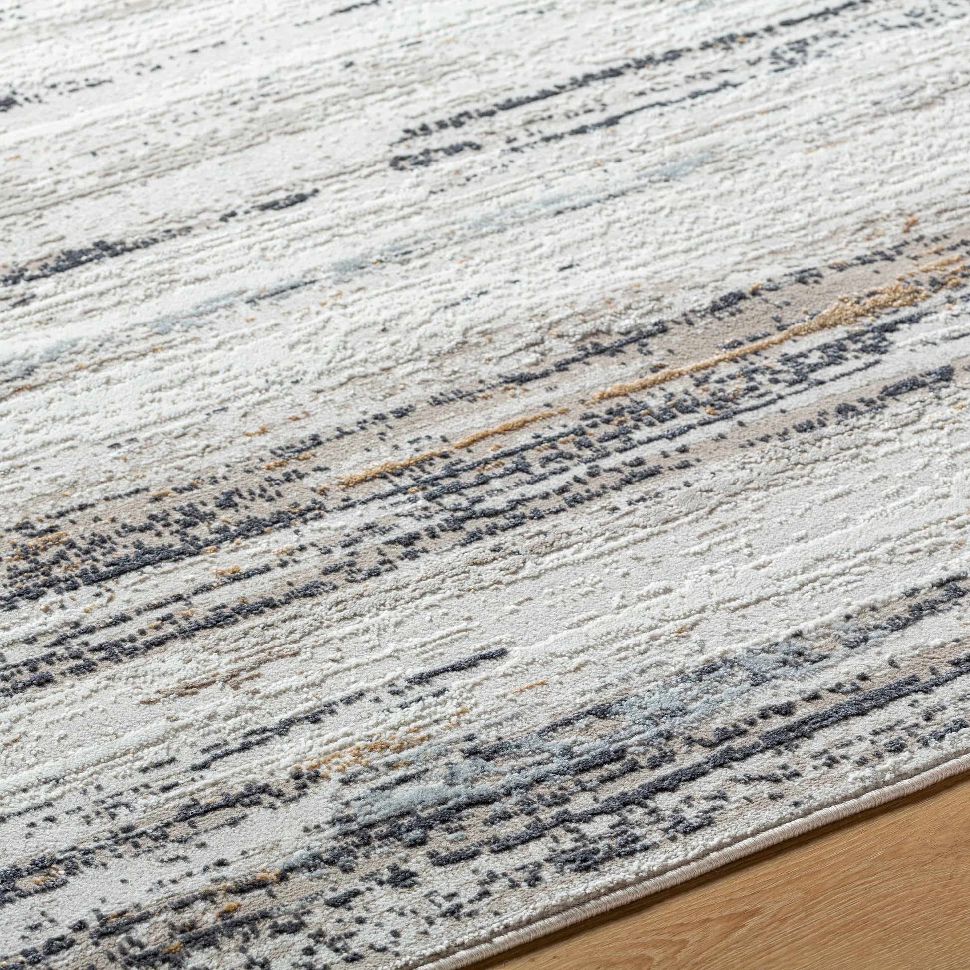 Mood Rug - 524948 by Livabliss in taupe, white, charcoal, light gray, mustard, light brown. Made from face: 70% polypropylene, 30% polyester, warp: 100% cotton in a unique style.