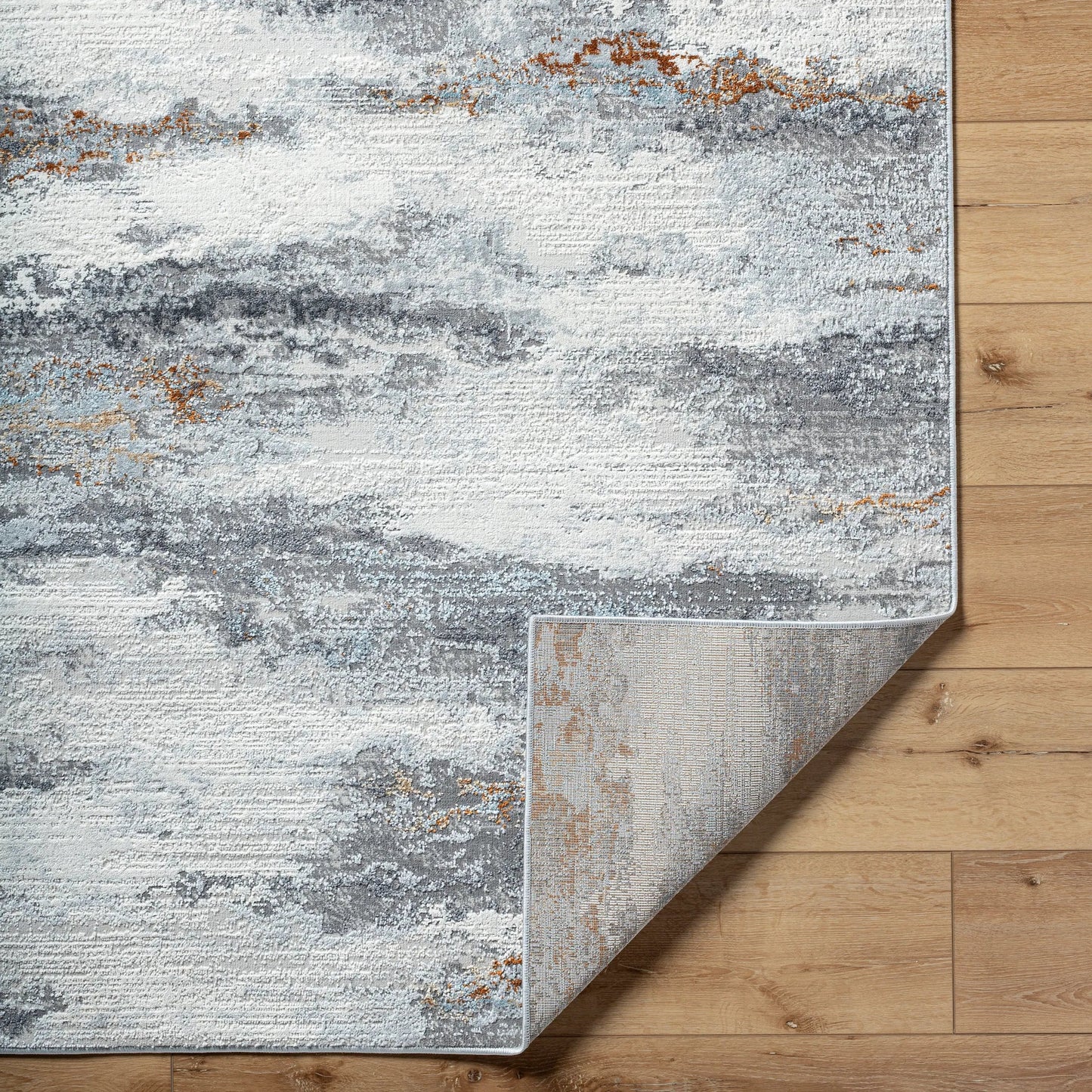 004 SI-2132438,SI-2132439 | Closeup | Mood Rug - 524959 by Livabliss in taupe, white, charcoal, medium brown, dark brown, denim. Made from face: 70% polypropylene, 30% polyester, warp: 100% cotton in a unique style.