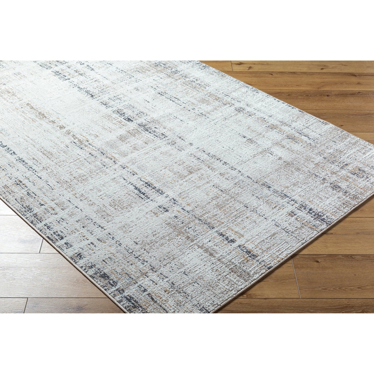 002 SI-2132441 | Closeup | Mood Rug - 524963 by Livabliss in taupe, white, mustard, charcoal, light gray, light brown. Made from face: 70% polypropylene, 30% polyester, warp: 100% cotton in a unique style.