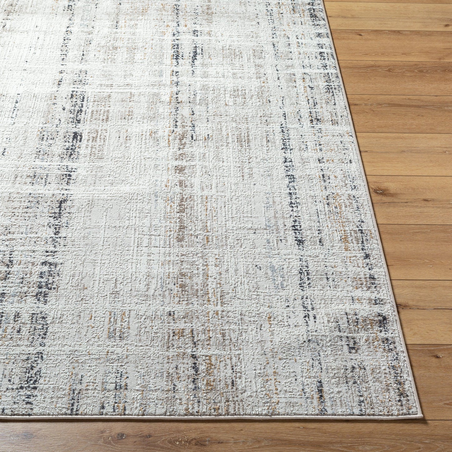 003 SI-2132441 | Closeup | Mood Rug - 524963 by Livabliss in taupe, white, mustard, charcoal, light gray, light brown. Made from face: 70% polypropylene, 30% polyester, warp: 100% cotton in a unique style.