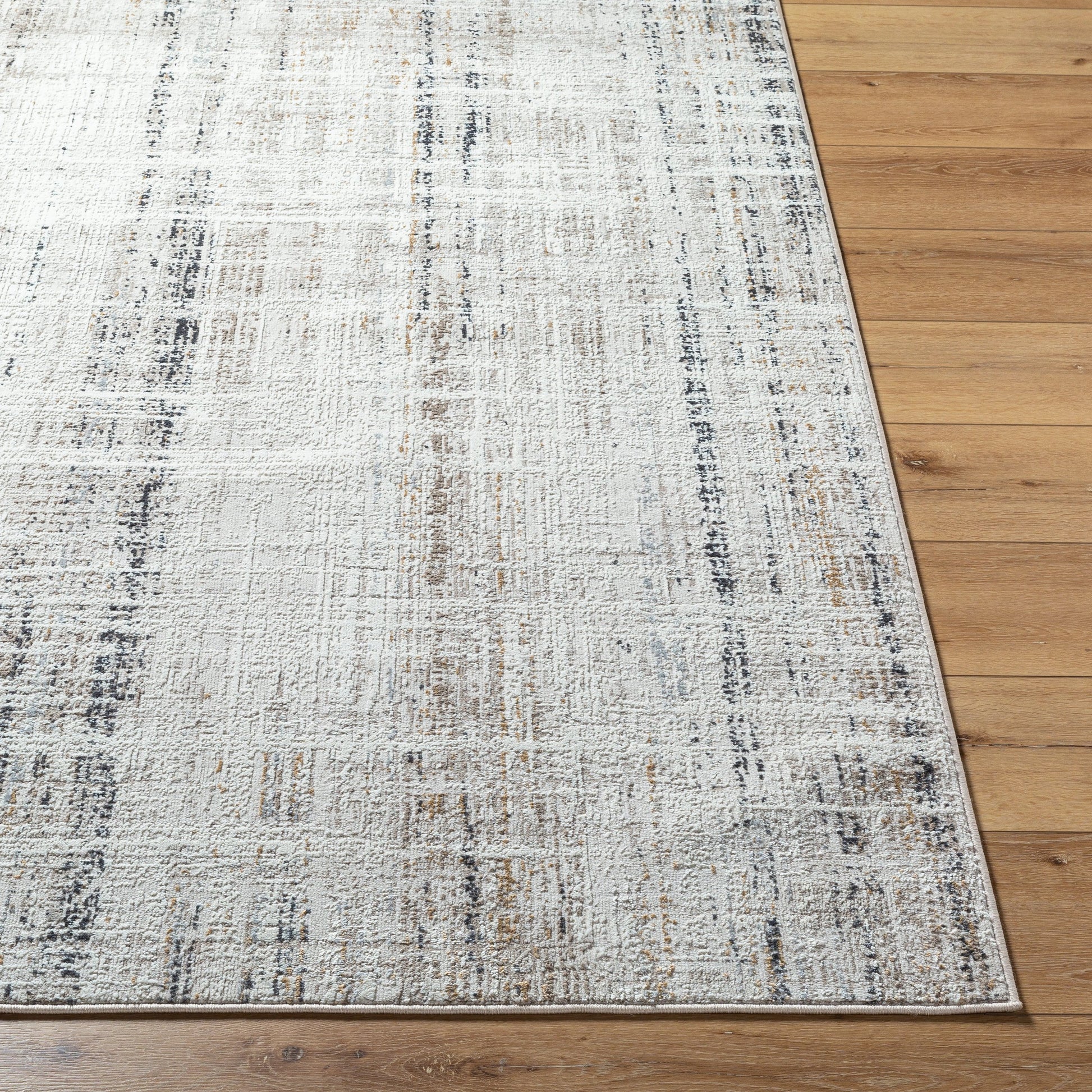 Mood Rug - 524963 by Livabliss in taupe, white, mustard, charcoal, light gray, light brown. Made from face: 70% polypropylene, 30% polyester, warp: 100% cotton in a unique style.