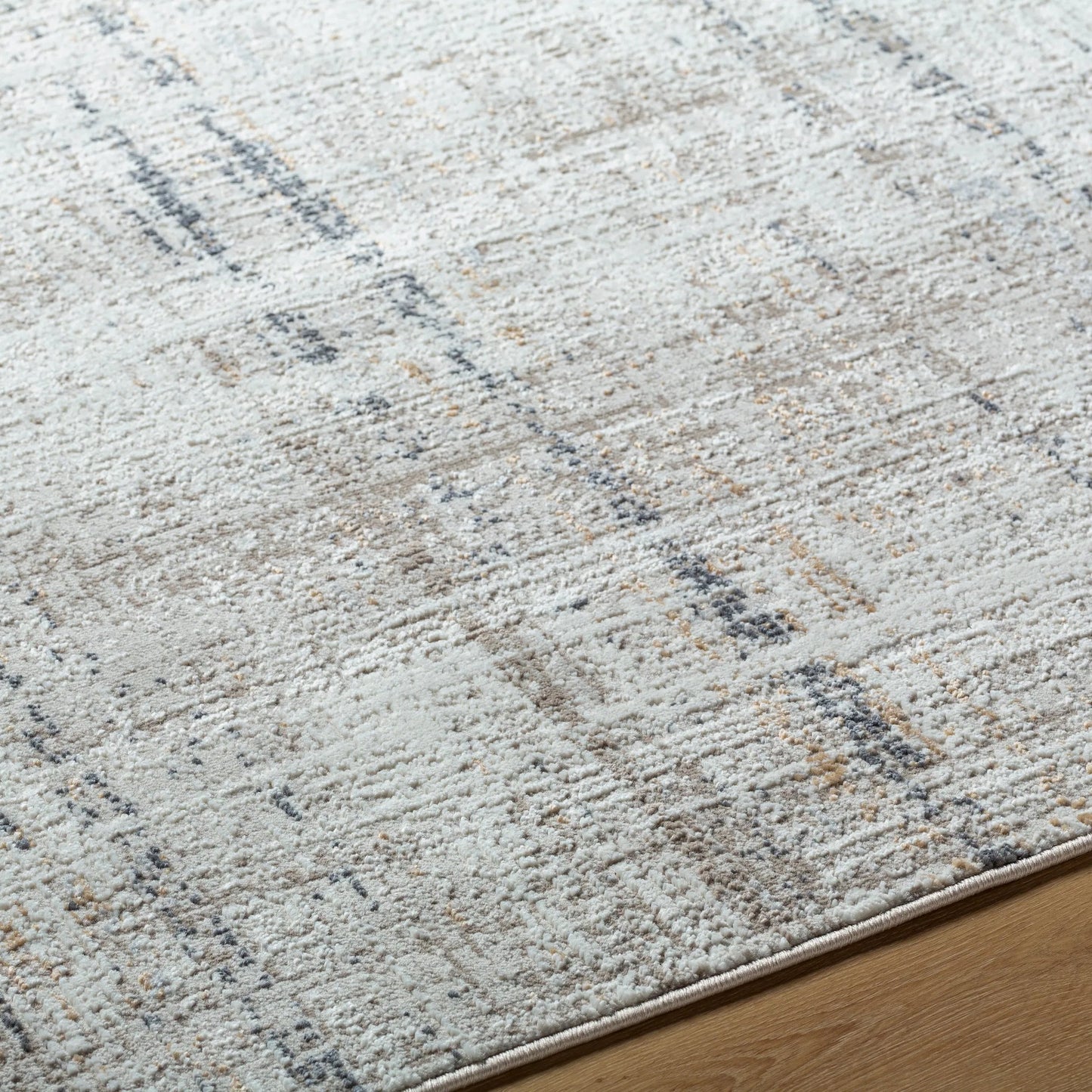 005 SI-2132441 | Closeup | Mood Rug - 524963 by Livabliss in taupe, white, mustard, charcoal, light gray, light brown. Made from face: 70% polypropylene, 30% polyester, warp: 100% cotton in a unique style.