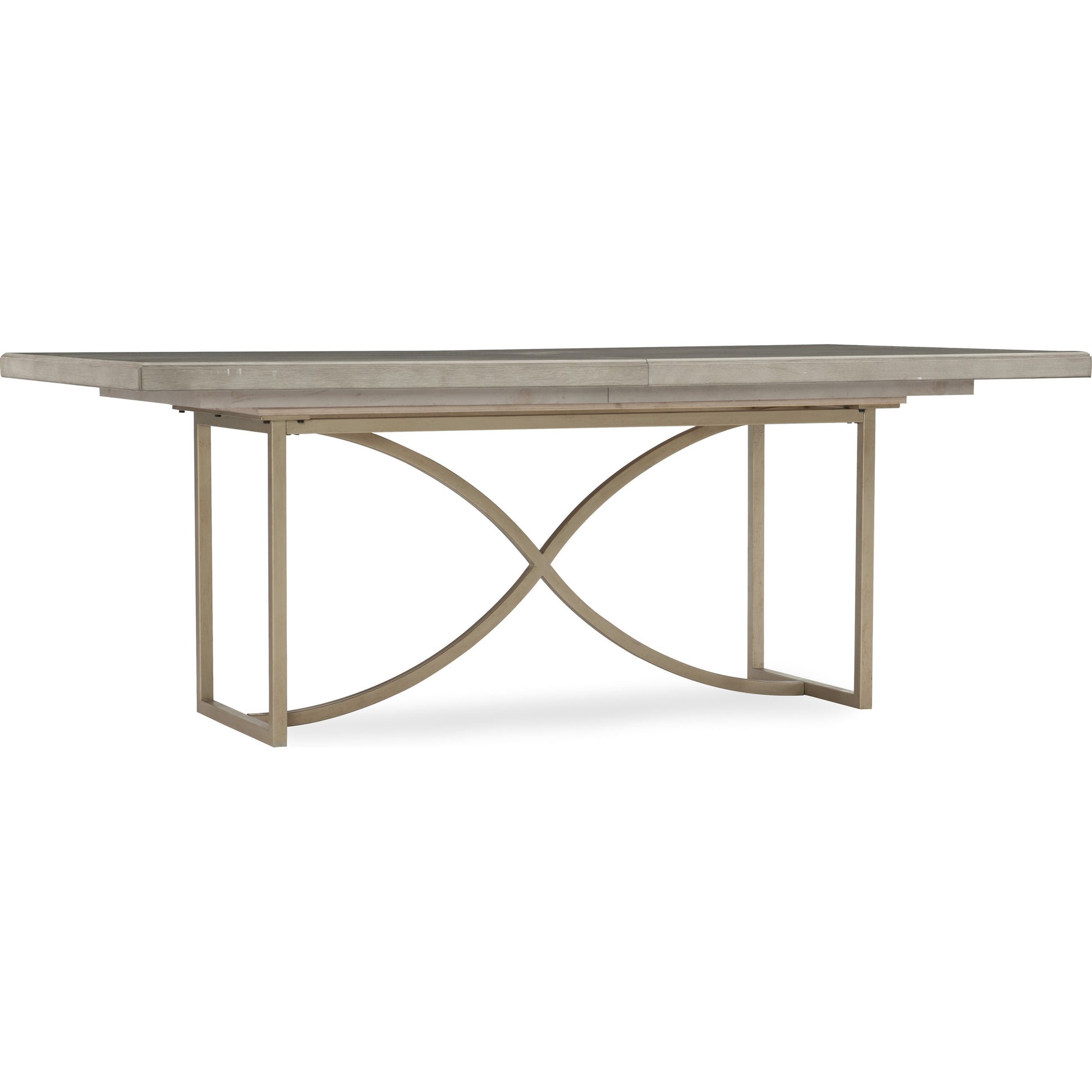 Elixir Dining Table by Hooker Furniture in greige. Made from basswood walnut veneers with metal in a modern style.