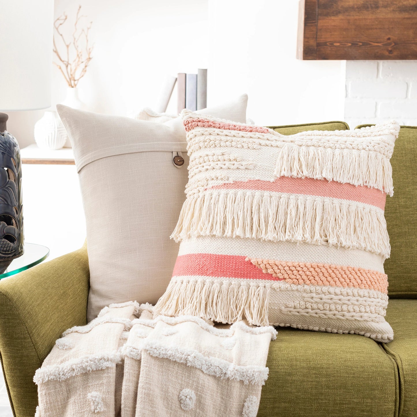 002 S-348092,S-348093 | Lifestyle | Merdo Pillow - 34054 by Livabliss in cream, pale pink, peach, coral. Made from 100% cotton in a eclectic & global style.