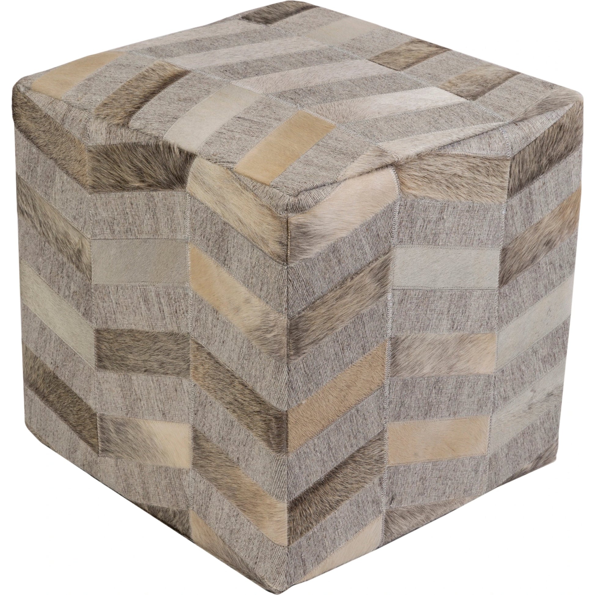 Medora Ottoman by Surya in camel, medium gray, cream, light gray. Made from 60% viscose, 40% hair on hide in a modern style.