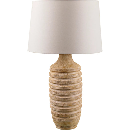 Mindra Accent Table Lamp 531680 by Livabliss in body: brown; shade: white; finial: metallic - nickel; harp: metallic - nickel; cord: translucent and coloredplated. Made from resin, linen, polyester, iron in a unique style.