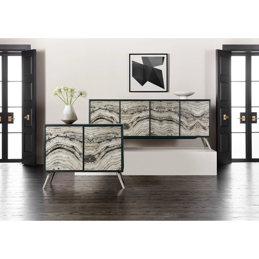 Melange Rockee Four Door Credenza by Hooker Furniture in black. Made from oak veneers with glass, stainless steel in a modern style.