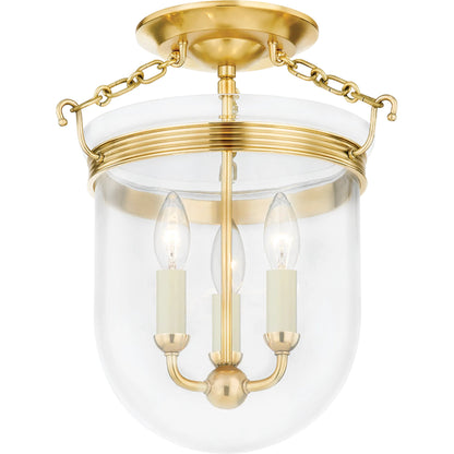 Rousham 3 Light Semi Flush by Hudson Valley in aged brass. Made from brass in a modern style.