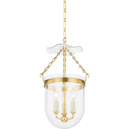 Rousham 3 Light Lantern by Hudson Valley in aged brass. Made from brass in a modern style.