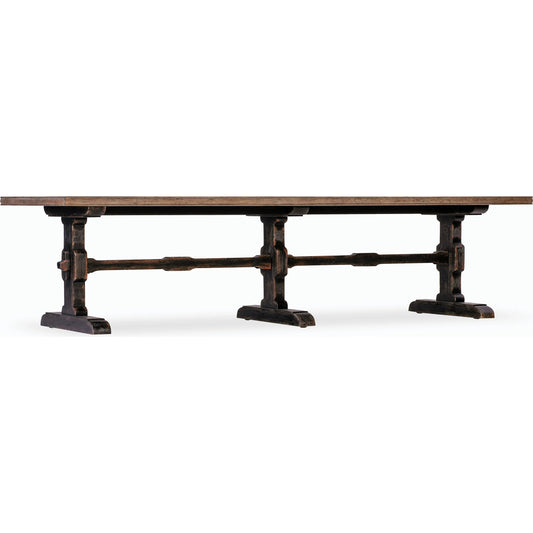 Americana Trestle Rectangle Cocktail Table by Hooker Furniture in black and molasses finish. Made from oak veneers with solid-wood edge top in a modern style.