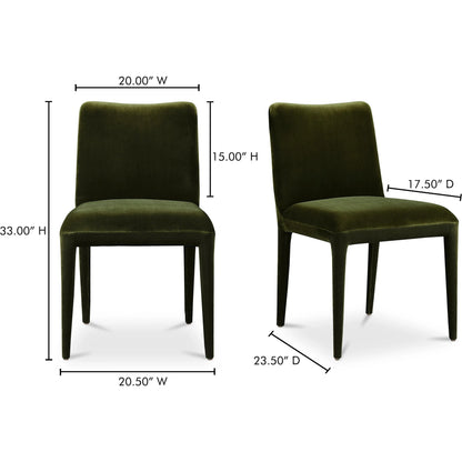 Calla Dining Chair Velvet (Set of 2) by Moe's Home Collection in green velvet. Made from upholstery: 100% polyester, ash wood frame, rubber wood legs, foam in a eclectic & global style.