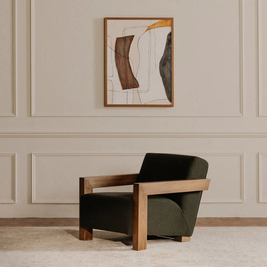 Garnet Lounge Chair by Moe's Home Collection in olive wool blend. Made from upholstery: 50% wool 50% polyester, solid oak frame, foam seat in a transitional style.
