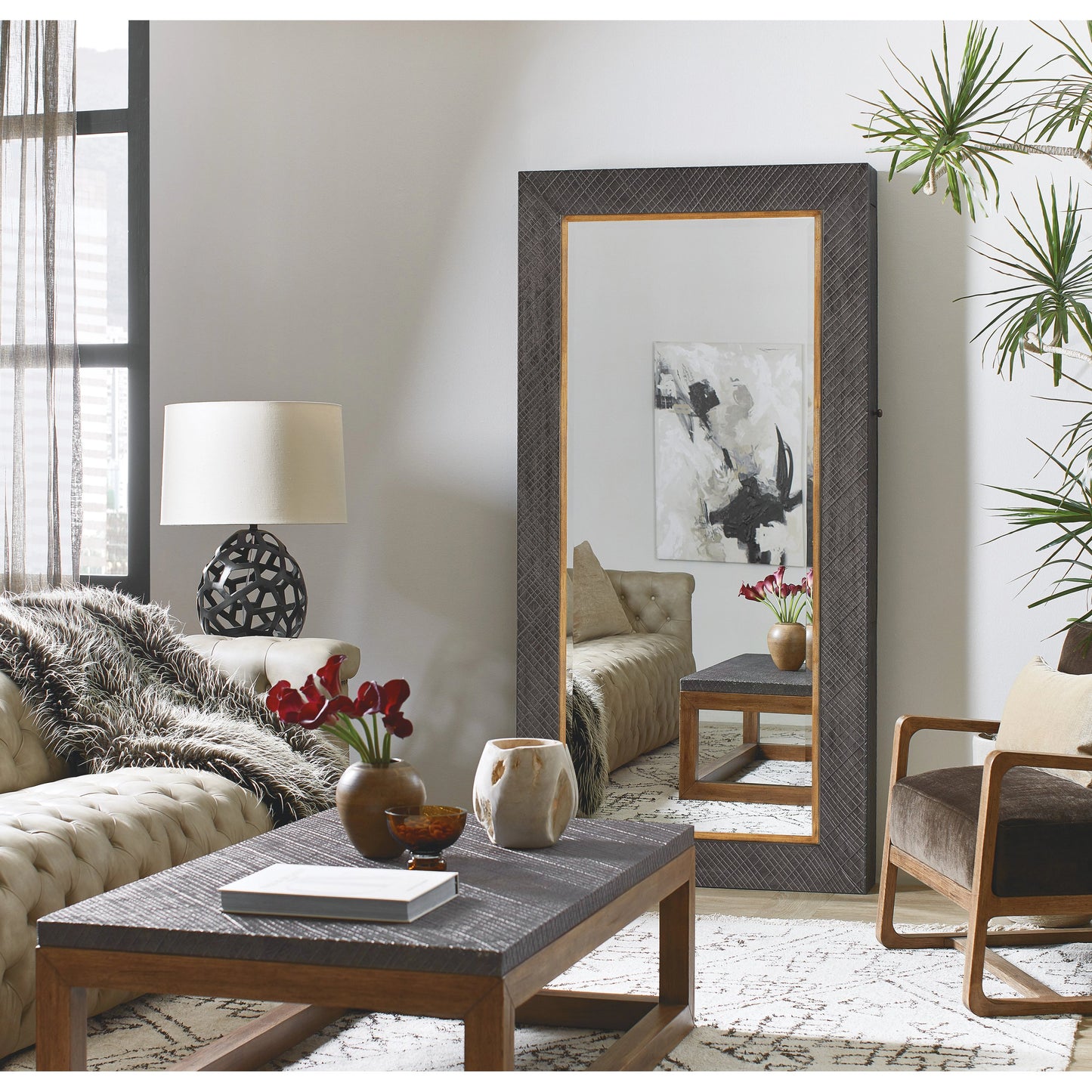 005 SI-1959509 | Lifestyle | Big Sky Floor Mirror by Hooker Furniture in furrowed bark. Made from wood, resin, mirror, felt in a modern style.