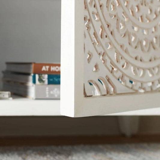 Donley 2 Shelf 2 Door Media Stand by HedgeApple Essentials in white wash. Made from unique in a unique style.