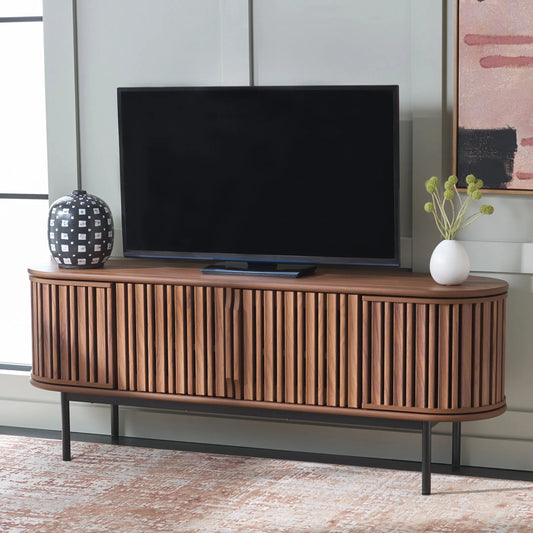 Rio 4 Door Media Stand by HedgeApple Essentials in walnut. Made from unique in a transitional style.