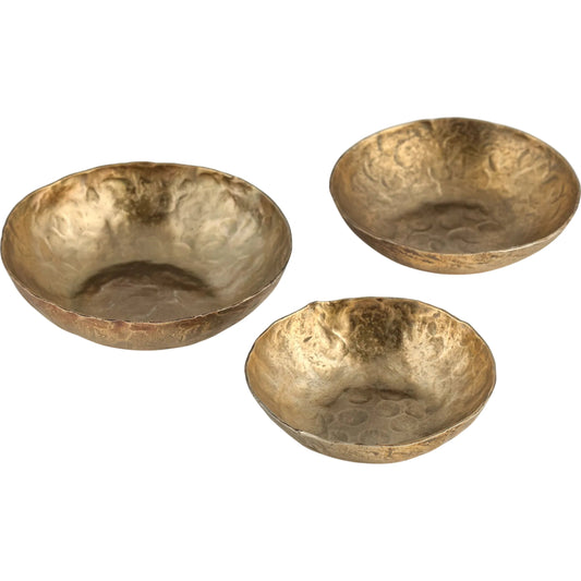 Shah Antique Hammered Catchall Round Bowls (Set of 3) by TOV Furniture in brass. Made from iron in a unique style.